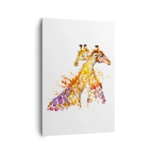 Bild auf Leinwand - Leinwandbild - Aquarell Giraffen in bunten Farbtönen - 70x100cm - Ist es Freundschaft oder ist es Baby? - Moderne Wanddekoration für Wohnzimmer und Schlafzimmer ARTTOR
