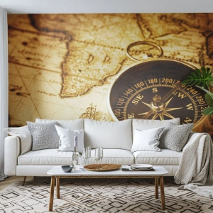 Fototapete Premium Sand - Ost oder West? - Reisen, Weltkarten, Kompass - 150x105 cm