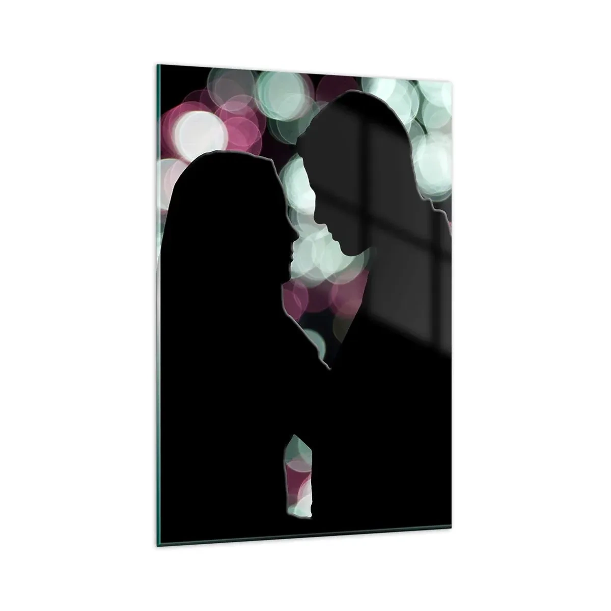Glasbild - Bild auf glas - Silhouetten eines Paares vor dem Hintergrund bunter Bokeh-Lichter - 80x120cm - Jawohl! - Moderne Wanddekoration für Wohnzimmer und Schlafzimmer ARTTOR