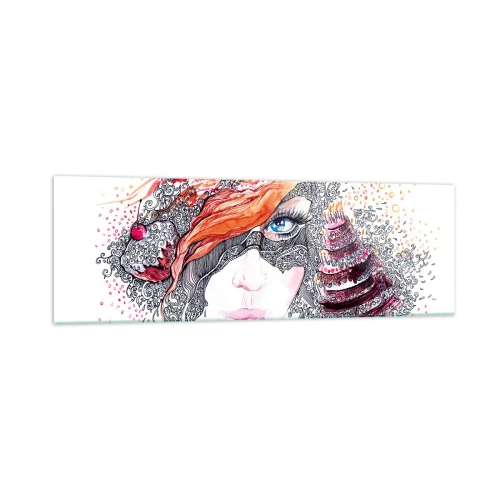 Glasbild - Bild auf glas - Künstlerisches Frauenporträt mit Details und rotem Akzent - 160x50cm - Bei ihr ist jeden Tag Feiertag - Moderne Wanddekoration für Wohnzimmer und Schlafzimmer ARTTOR