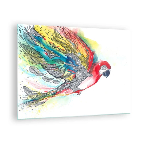 Glasbild - Bild auf glas - Bunter Papagei mit künstlerischen Flügeln und Details - 70x50cm - Leben Sie bunt - Moderne Wanddekoration für Wohnzimmer und Schlafzimmer ARTTOR