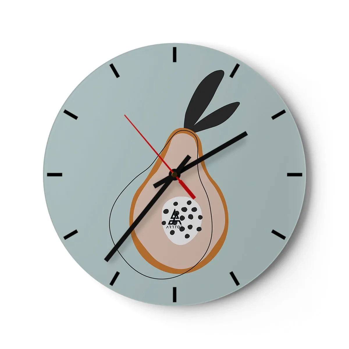 Wanduhr - Glasuhr - Abstrakte Birne auf pastellfarbenem Hintergrund mit schwarzen Blättern - 30x30cm - Durchdringe die Natur der Dinge - Moderne Wanddekoration für Wohnzimmer, Küche und Schlafzimmer ARTTOR