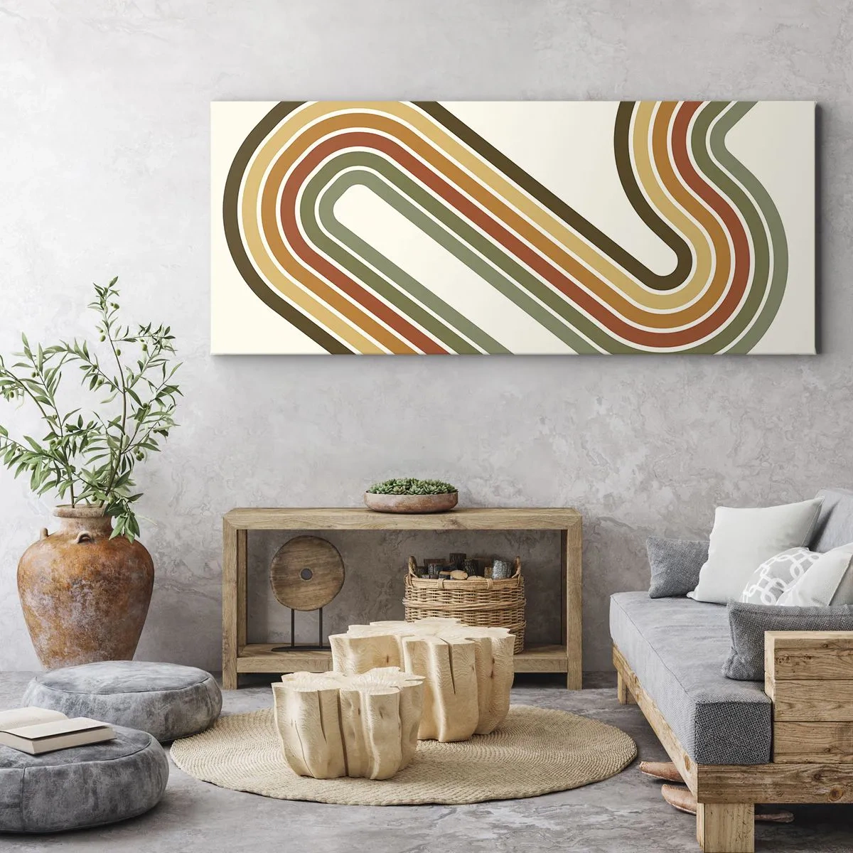 Bild auf Leinwand - Leinwandbild - Geometrisches Muster in Grün-, Orange- und Beigetönen auf hellem Hintergrund - 120x50cm - Zickzack zum Ziel - Moderne Wanddekoration für Wohnzimmer und Schlafzimmer ARTTOR
