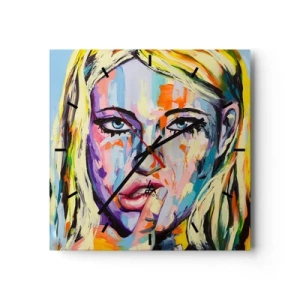 Wanduhr - Glasuhr - Farbenfrohes Porträt einer Frau im abstrakten Stil - 30x30cm - Schau ihr direkt in die Augen - Moderne Wanddekoration für Wohnzimmer und Schlafzimmer ARTTOR