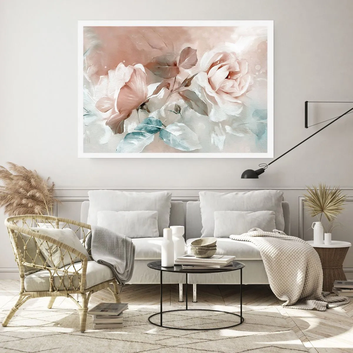 Poster - Zarte Rosen in Pastelltönen auf hellem Untergrund - 100x70cm - Geist der Romantik - Moderne Wanddekoration für Wohnzimmer und Schlafzimmer ARTTOR