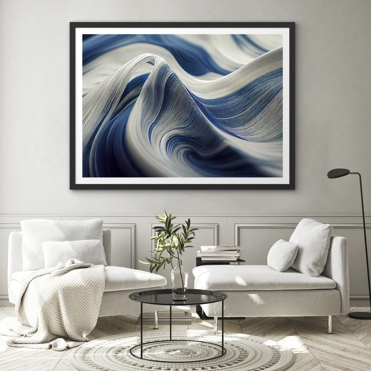 Poster in einem schwarzem Rahmen - Abstrakte Wellen in Blau- und Weißtönen - 70x50cm - Fließfähigkeit von Blau und Weiß - Moderne Wanddekoration für Wohnzimmer und Schlafzimmer ARTTOR