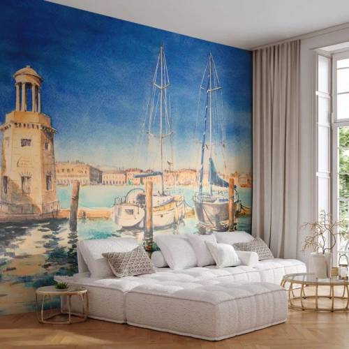 Fototapete Premium Sand - Sonnige Lagune - Hafen, Landschaft, Leuchtturm - 500x350 cm