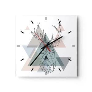 Wanduhr - Glasuhr - Geometrischer Hirsch auf einem Hintergrund aus pastellfarbenen Dreiecken - 30x30cm - In einem geometrischen Wald - Moderne Wanddekoration für Wohnzimmer und Schlafzimmer ARTTOR