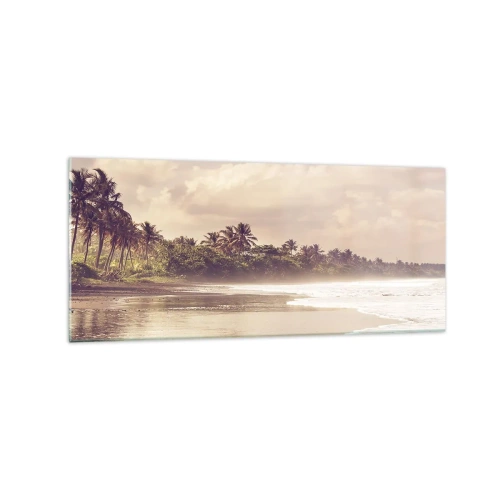 Glasbild - Bild auf glas - Ein Strand mit Palmen und sanften Wellen am Morgen - 120x50cm - Die Liebkosung der Wellen - Moderne Wanddekoration für Wohnzimmer und Schlafzimmer ARTTOR