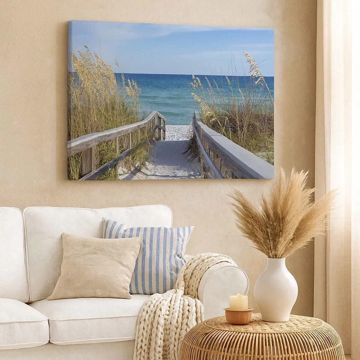 Bild auf Leinwand - Leinwandbild - Weg zum Strand mit Meerblick - 70x50cm - In der Sonne, im Wind - Moderne Wanddekoration für Wohnzimmer und Schlafzimmer ARTTOR
