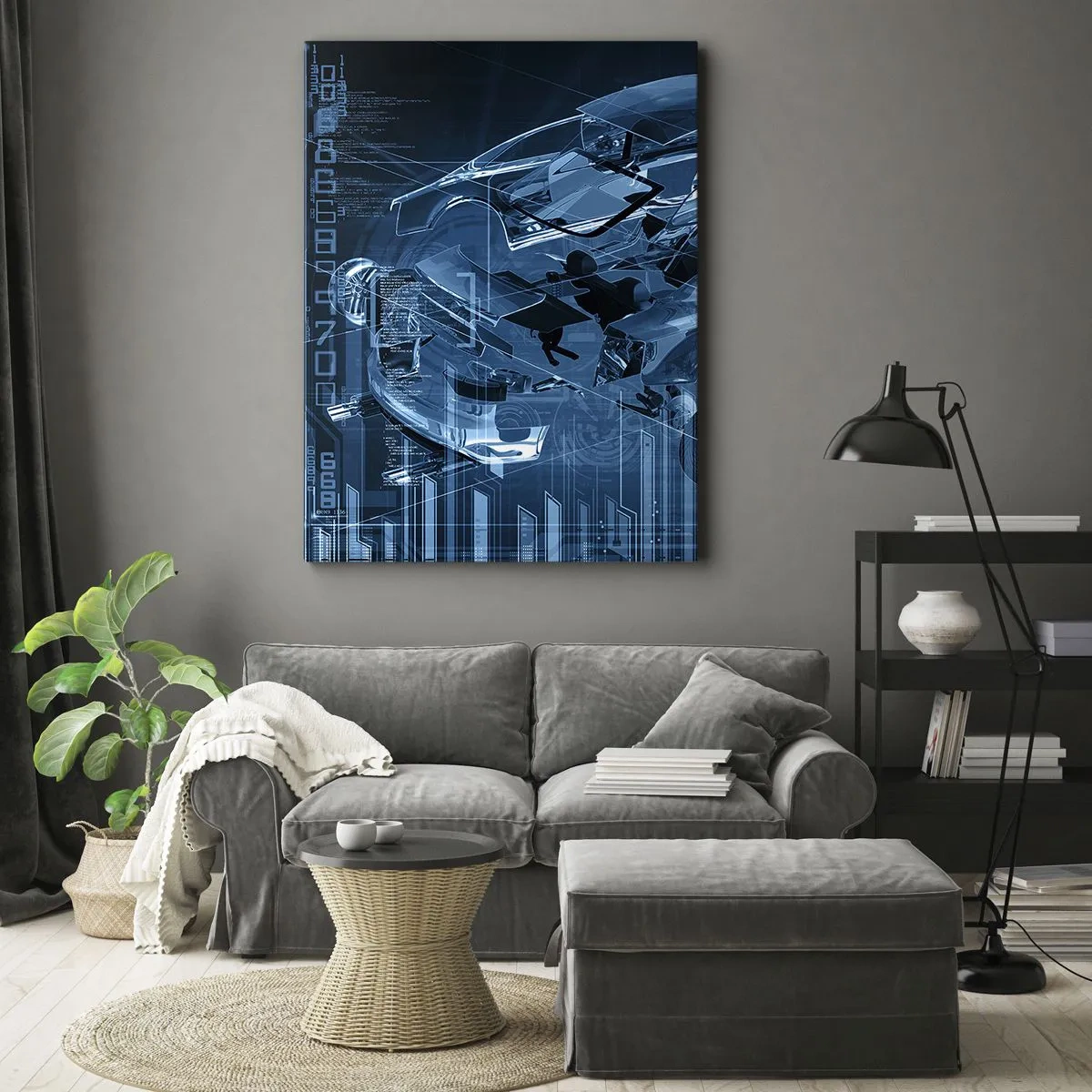 Bild auf Leinwand - Leinwandbild - Eine moderne technische Zeichnung eines Autos mit Strukturelementen - 70x100cm - Technische Anatomie - Moderne Wanddekoration für Wohnzimmer und Schlafzimmer ARTTOR