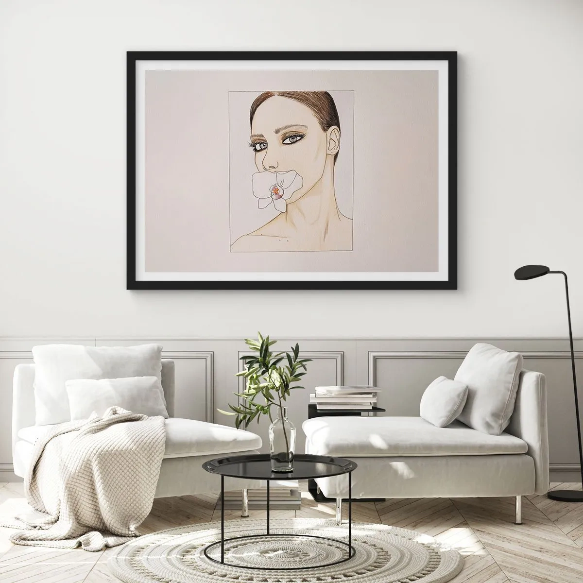 Poster in einem schwarzem Rahmen - Porträt einer Frau mit einer Orchidee in zarten Farben - 70x50cm - Ein Symbol für Eleganz und Schönheit - Moderne Wanddekoration für Wohnzimmer und Schlafzimmer ARTTOR