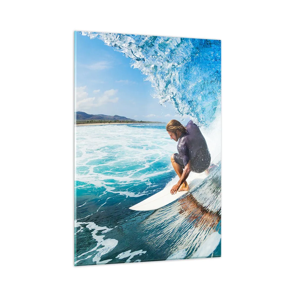 Glasbild - Bild auf glas - Surfer in einem Wassertunnel mit dem Ozean im Hintergrund - 50x70cm - Tanzen mit den Wellen - Moderne Wanddekoration für Wohnzimmer und Schlafzimmer ARTTOR