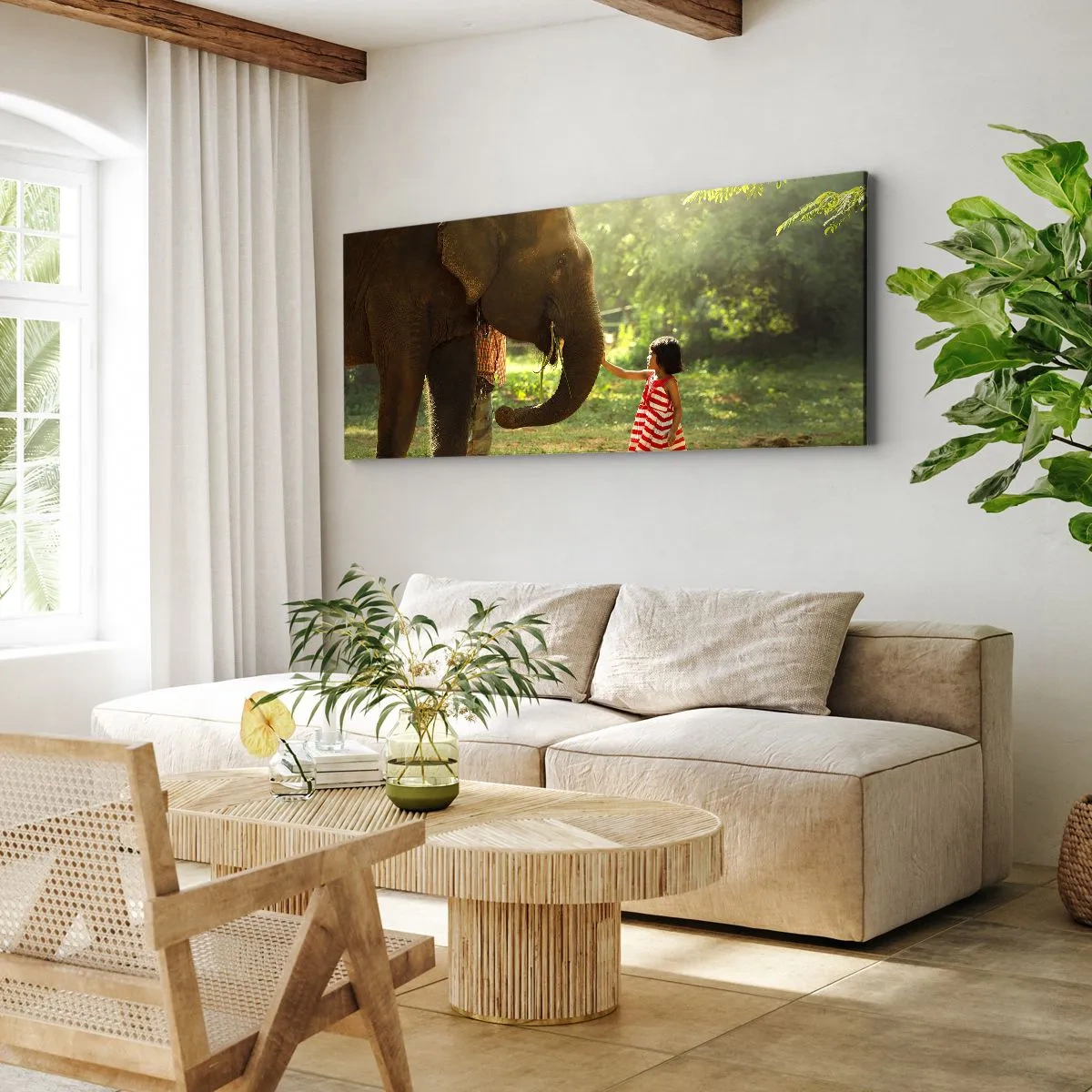 Bild auf Leinwand - Leinwandbild - Ein Mädchen in einem roten Kleid berührt einen Elefanten im Wald. - 160x50cm - Die Stärke der Freundschaft - Moderne Wanddekoration für Wohnzimmer und Schlafzimmer ARTTOR