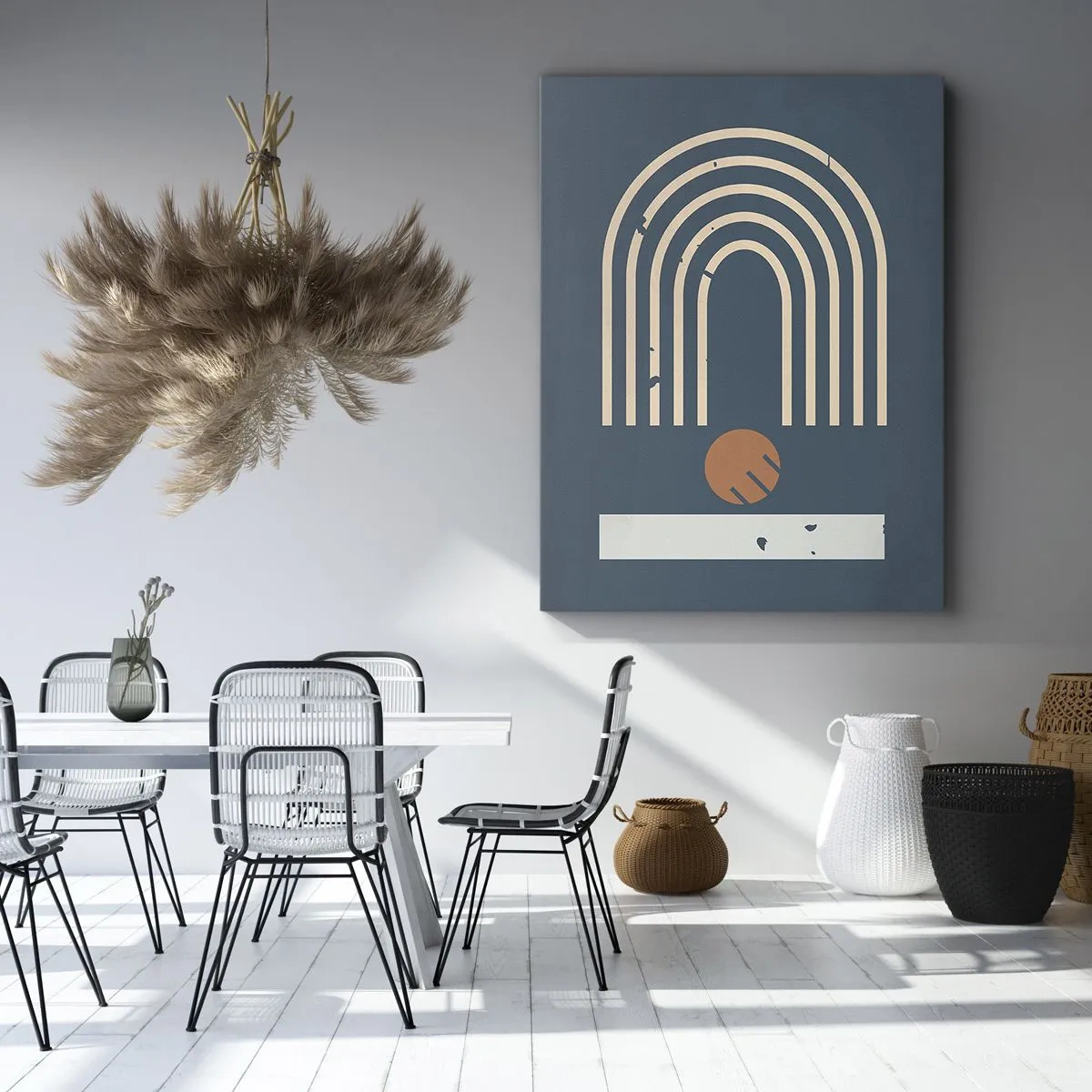 Bild auf Leinwand - Leinwandbild - Geometrisches Muster in Marineblau-, Beige- und Orangetönen auf dunklem Hintergrund - 50x70cm - Geometrie auf dem Granatapfel - Moderne Wanddekoration für Wohnzimmer und Schlafzimmer ARTTOR