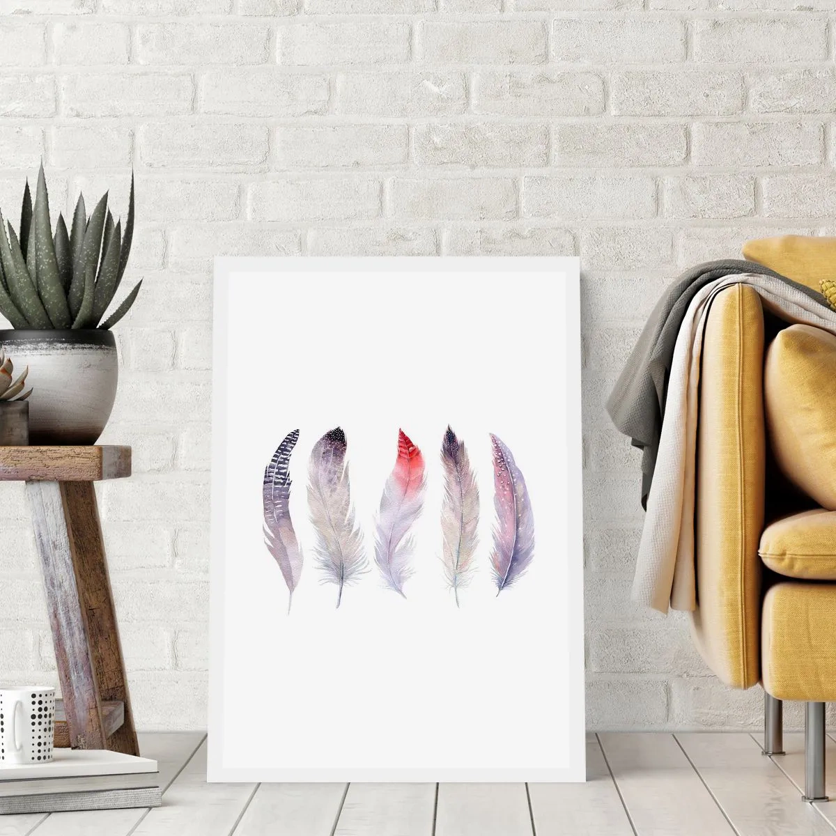 Poster - Bunte Federn auf weißem Hintergrund in einem zarten Stil - 50x70cm - Zart wie mehrfarbiger Nebel - Moderne Wanddekoration für Wohnzimmer und Schlafzimmer ARTTOR