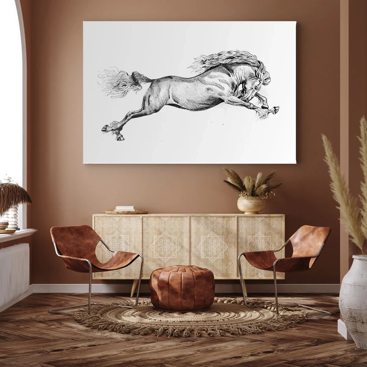 Bild auf Leinwand - Leinwandbild - Skizze eines Pferdes im dynamischen Galopp auf weißem Hintergrund - 100x70cm - Im Galopp festgehalten - Moderne Wanddekoration für Wohnzimmer und Schlafzimmer ARTTOR