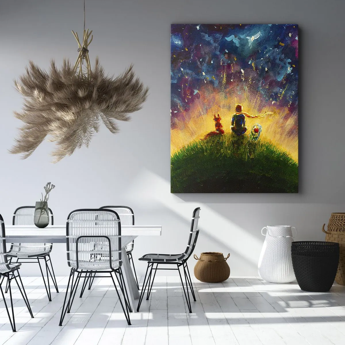 Bild auf Leinwand - Leinwandbild - Figuren auf einem grünen Hügel, umgeben von einem Sternenhimmel - 50x70cm - Liebe und Freundschaft - die ganze Welt - Moderne Wanddekoration für Wohnzimmer und Schlafzimmer ARTTOR