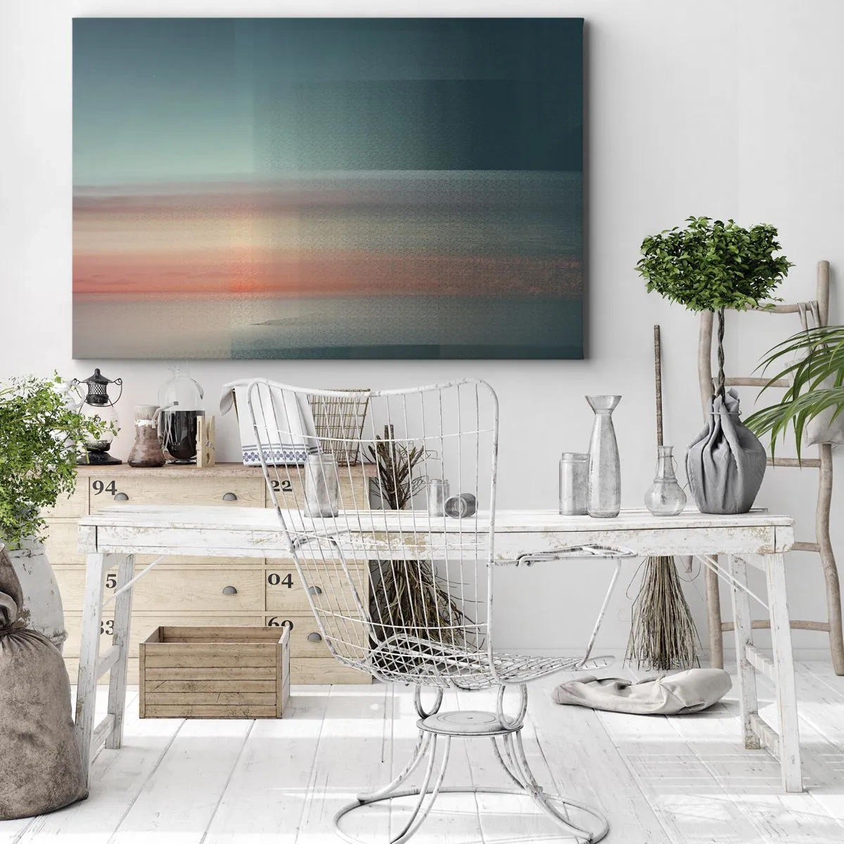 Bild auf Leinwand - Leinwandbild - Ein Sonnenuntergang in Pastelltönen über einem ruhigen Horizont - 70x50cm - Abstraktion: Lichtwellen - Moderne Wanddekoration für Wohnzimmer und Schlafzimmer ARTTOR