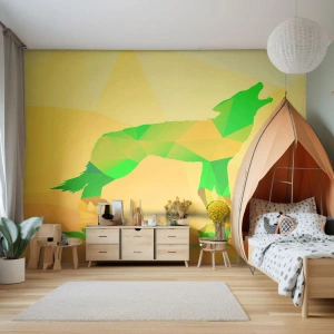 Fototapete Premium Canvas - Geometrische Wolfssilhouette in Grün- und Gelbtönen - 100x70cm - Ein einsamer Wolf - Moderne Wanddekoration für Wohnzimmer und Schlafzimmer ARTTOR