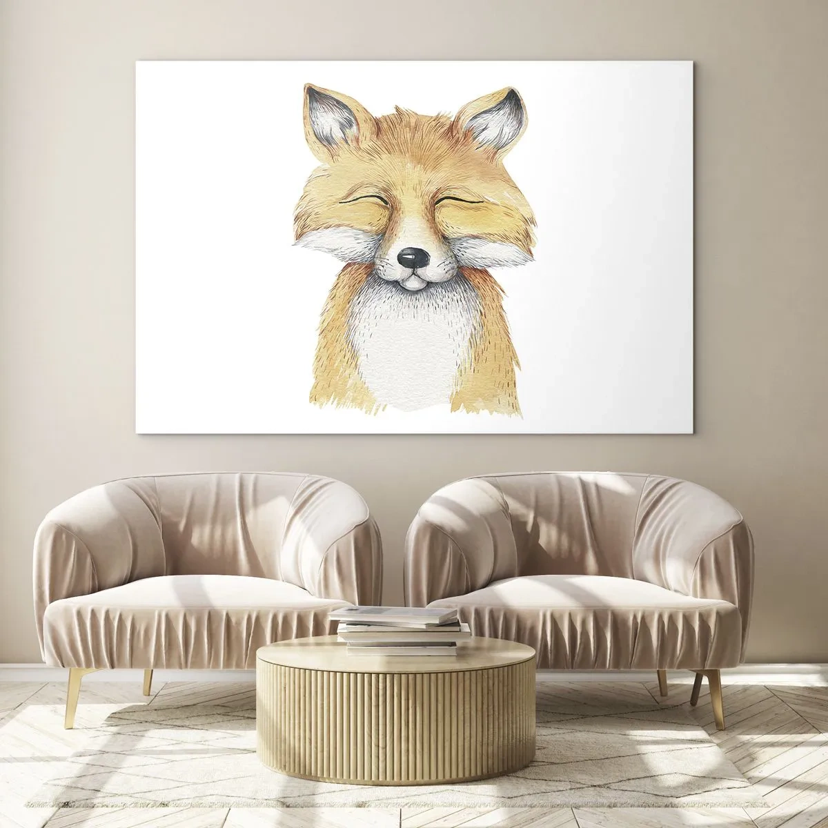 Glasbild - Bild auf glas - Ein süßer Fuchs mit geschlossenen Augen auf weißem Hintergrund - 100x70cm - Fuchsstimmungen - Moderne Wanddekoration für Wohnzimmer und Schlafzimmer ARTTOR