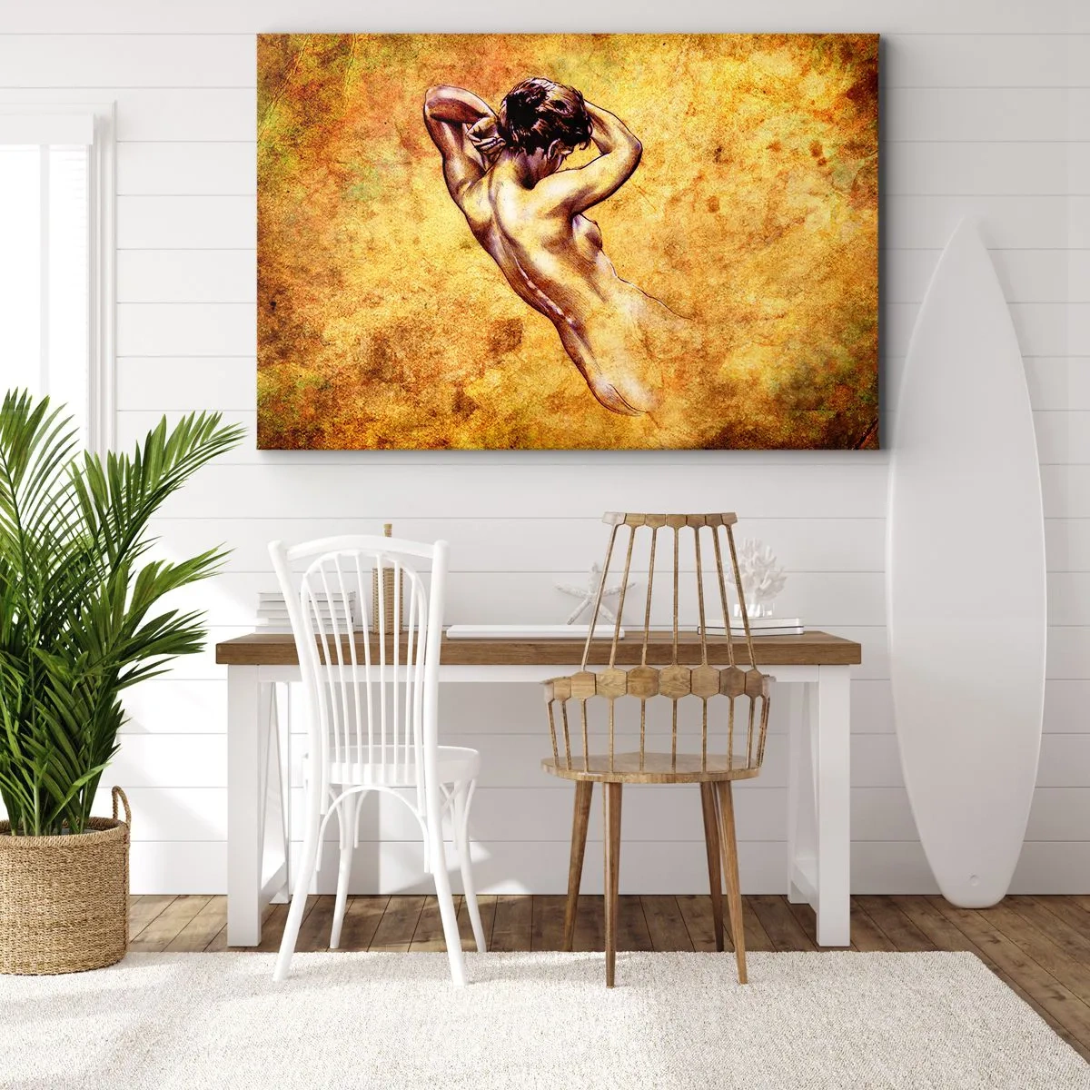 Bild auf Leinwand - Leinwandbild - Künstlerischer weiblicher Akt auf goldenem Hintergrund im klassischen Stil - 70x50cm - Entdeckt, aber immer noch ein Rätsel - Moderne Wanddekoration für Wohnzimmer und Schlafzimmer ARTTOR