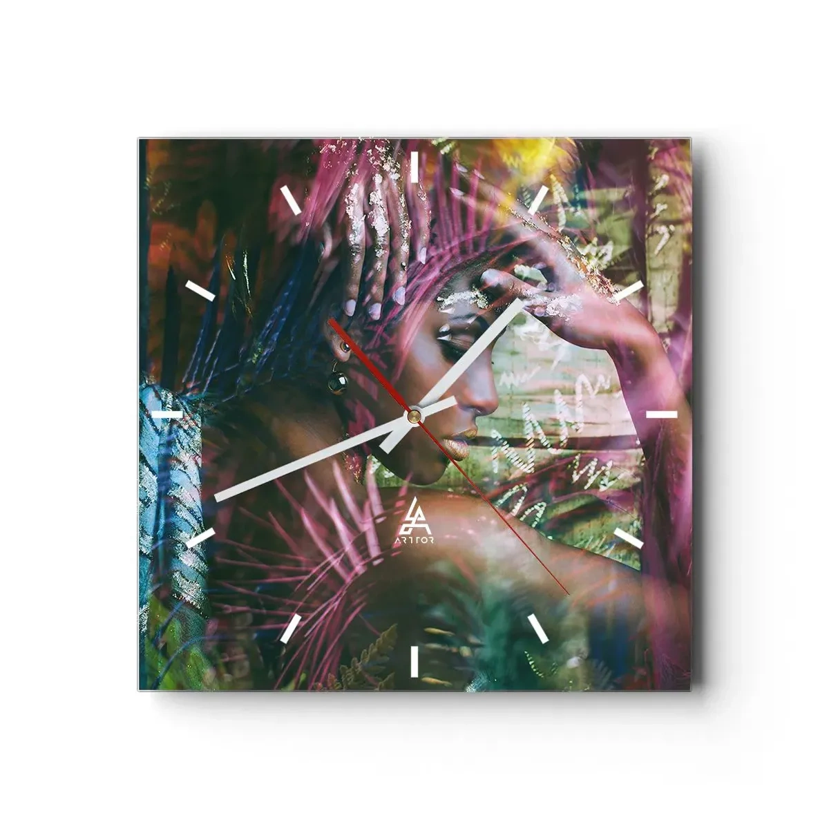 Wanduhr - Glasuhr - Porträt einer Frau, umgeben von exotischer Vegetation - 30x30cm - Mutter Natur im Dschungel - Moderne Wanddekoration für Wohnzimmer und Schlafzimmer ARTTOR