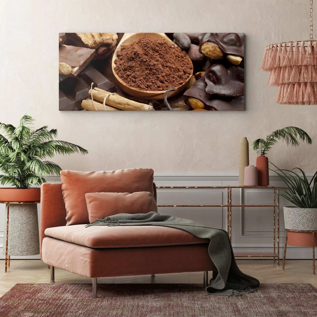 Bild auf Leinwand - Leinwandbild - Ein Löffel Kakao- und Schokoladenzutaten in einem rustikalen Arrangement - 140x50cm - Die Beste gegen Sorgen - Moderne Wanddekoration für Wohnzimmer und Schlafzimmer ARTTOR