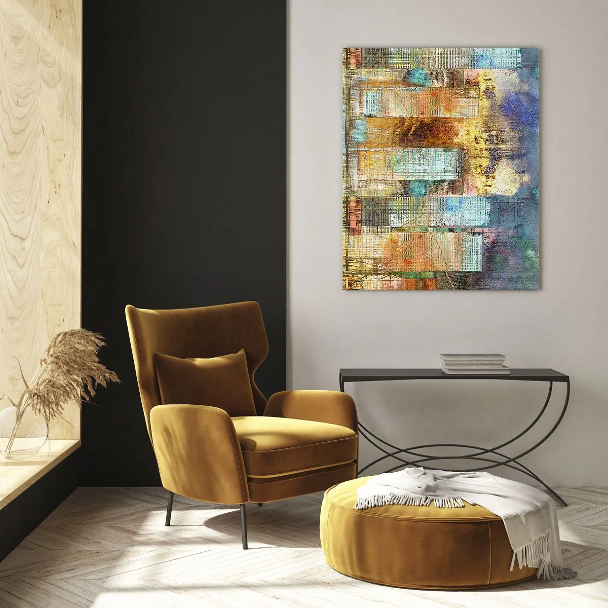 Glasbild - Bild auf glas - Abstrakte Wolkenkratzer im Industriestil - 70x100cm - Sonnige Metropole - Moderne Wanddekoration für Wohnzimmer und Schlafzimmer ARTTOR