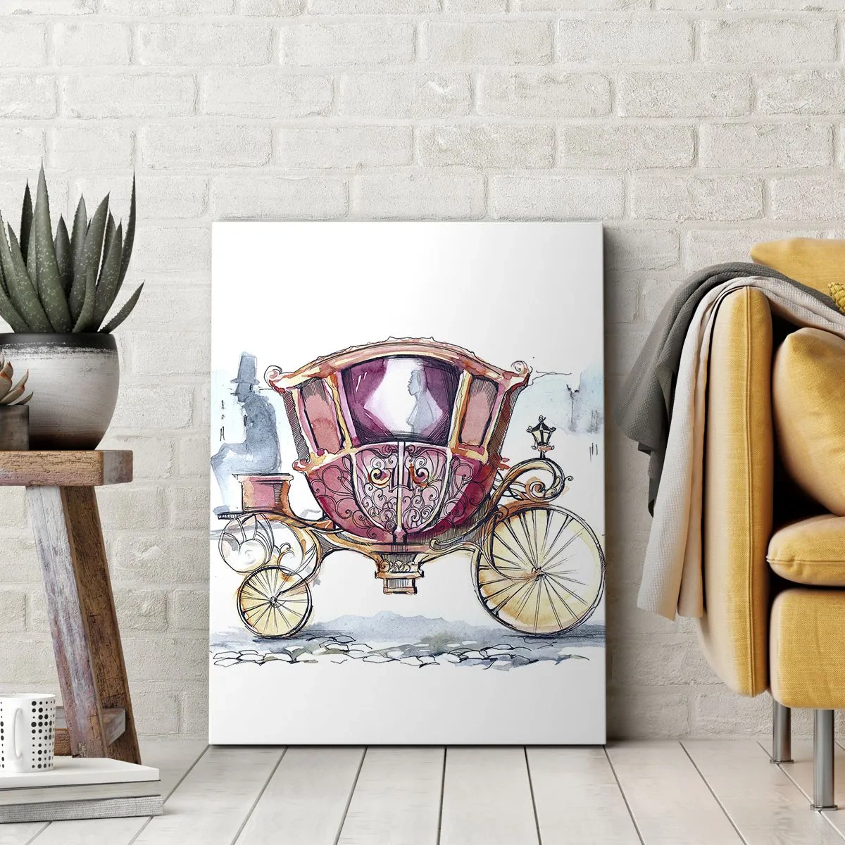 Bild auf Leinwand - Leinwandbild - Eine stilvolle Illustration einer antiken Kutsche in Pastellfarben. - 50x70cm - Zur Hochzeit oder zum Abschlussball? - Moderne Wanddekoration für Wohnzimmer und Schlafzimmer ARTTOR