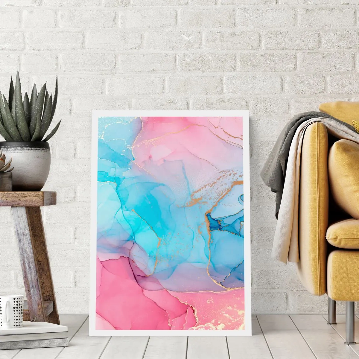Poster - Abstrakte Flecken in Rosa-, Blau- und Goldtönen - 50x70cm - Begegnung und Durchdringung - Moderne Wanddekoration für Wohnzimmer und Schlafzimmer ARTTOR