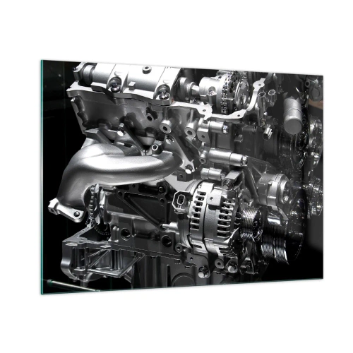 Glasbild - Bild auf glas - Details eines Metallmotors auf schwarzem Hintergrund - 100x70cm - Stahl, schön, stark - Moderne Wanddekoration für Wohnzimmer und Schlafzimmer ARTTOR