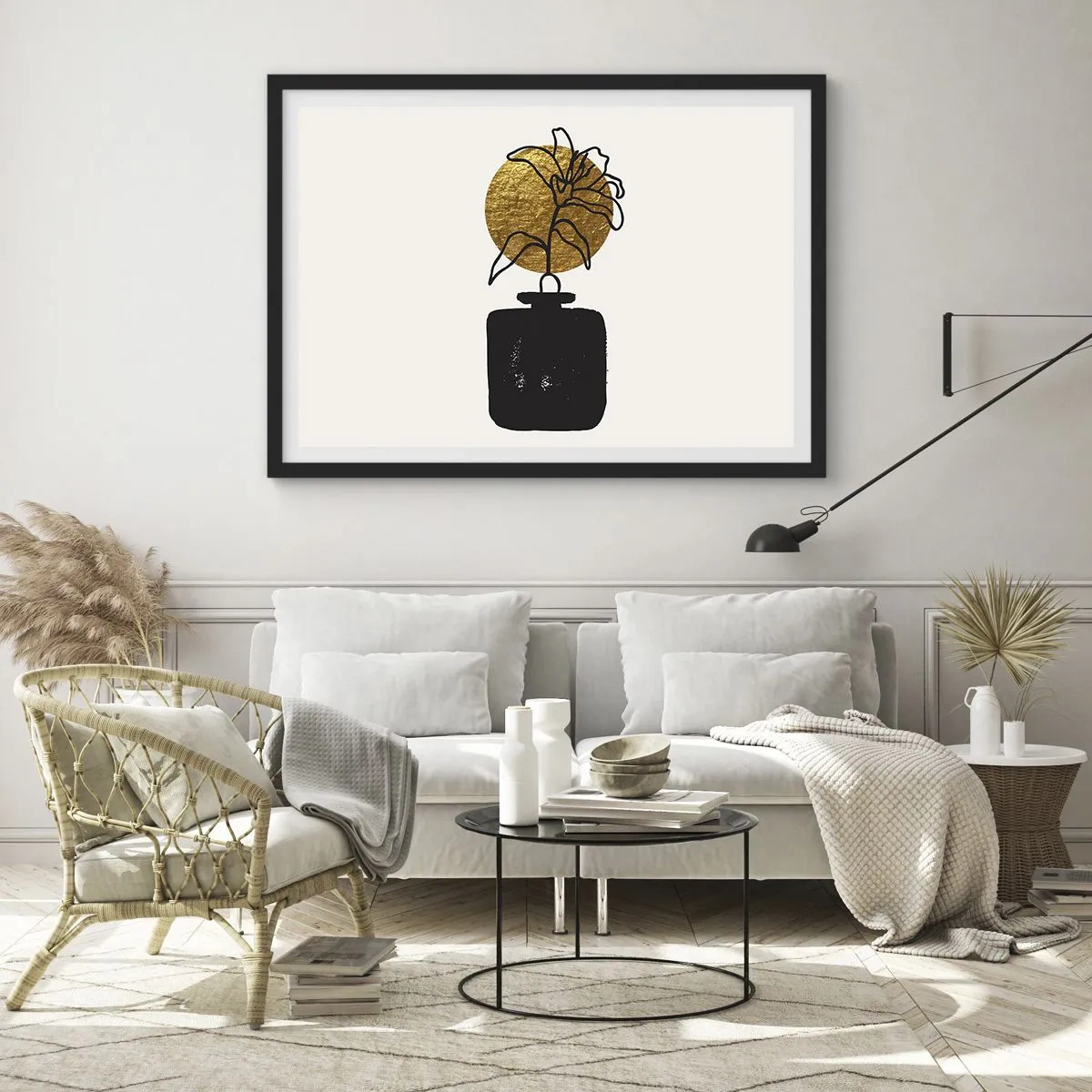 Poster in einem schwarzem Rahmen - Eine Zeichnung einer Blume in einer Vase vor einem goldenen Kreishintergrund - 70x50cm - Schönheit ist Gold wert - Moderne Wanddekoration für Wohnzimmer und Schlafzimmer ARTTOR