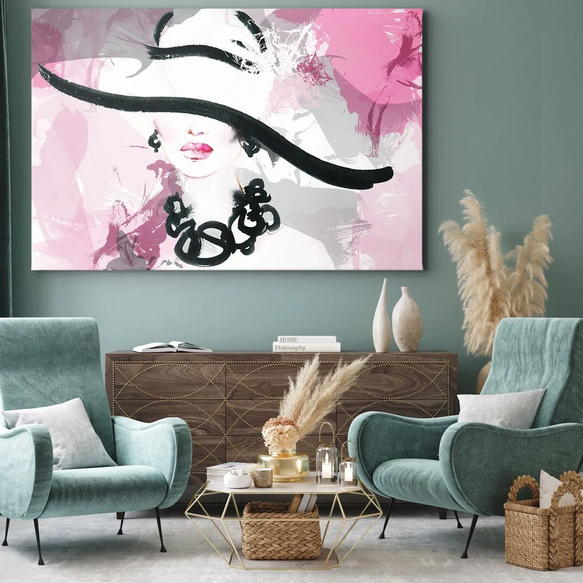 Bild auf Leinwand - Leinwandbild - Eine elegante Frau mit Hut vor einem Hintergrund aus rosa Abstraktionen. - 100x70cm - Bildnis einer Dame in Schwarz und Pink - Moderne Wanddekoration für Wohnzimmer und Schlafzimmer ARTTOR