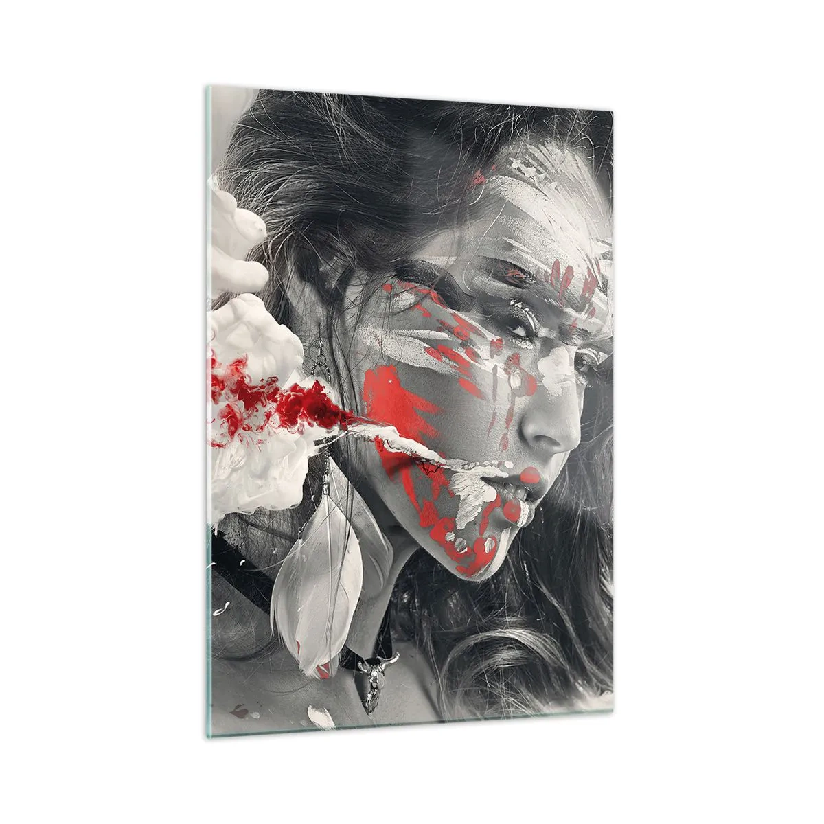 Glasbild - Bild auf glas - Porträt einer Frau mit abstrakten rot-weißen Mustern - 50x70cm - Im Dunst der Absurdität - Moderne Wanddekoration für Wohnzimmer und Schlafzimmer ARTTOR