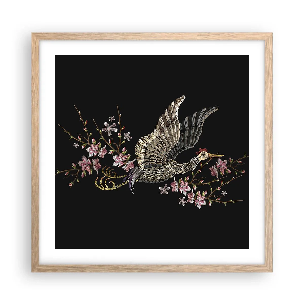 Poster in einem Rahmen aus heller Eiche - Exotischer gestickter Vogel - 50x50 cm