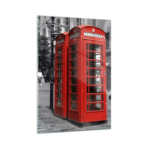 Glasbild - Bild auf glas - Rote Telefonzellen auf einer Londoner Straße - 50x70cm - Rote Telefonzellen - Moderne Wanddekoration für Wohnzimmer und Schlafzimmer ARTTOR