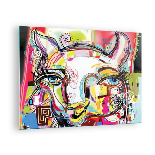 Glasbild - Bild auf glas - Abstraktes Bild eines Katzengesichts in farbenfrohem künstlerischem Ausdruck - 70x50cm - Der Reichtum des Abiturs der Katze - Moderne Wanddekoration für Wohnzimmer und Schlafzimmer ARTTOR