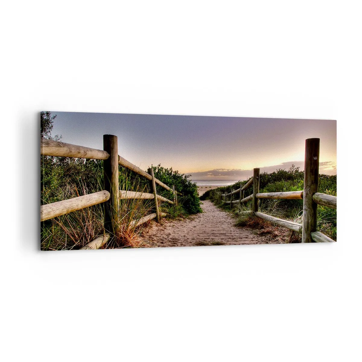 Bild auf Leinwand - Leinwandbild - Holzweg in den Dünen, der bei Sonnenuntergang zum Strand führt - 120x50cm - Das Ziel ist bereits sichtbar - Moderne Wanddekoration für Wohnzimmer und Schlafzimmer ARTTOR