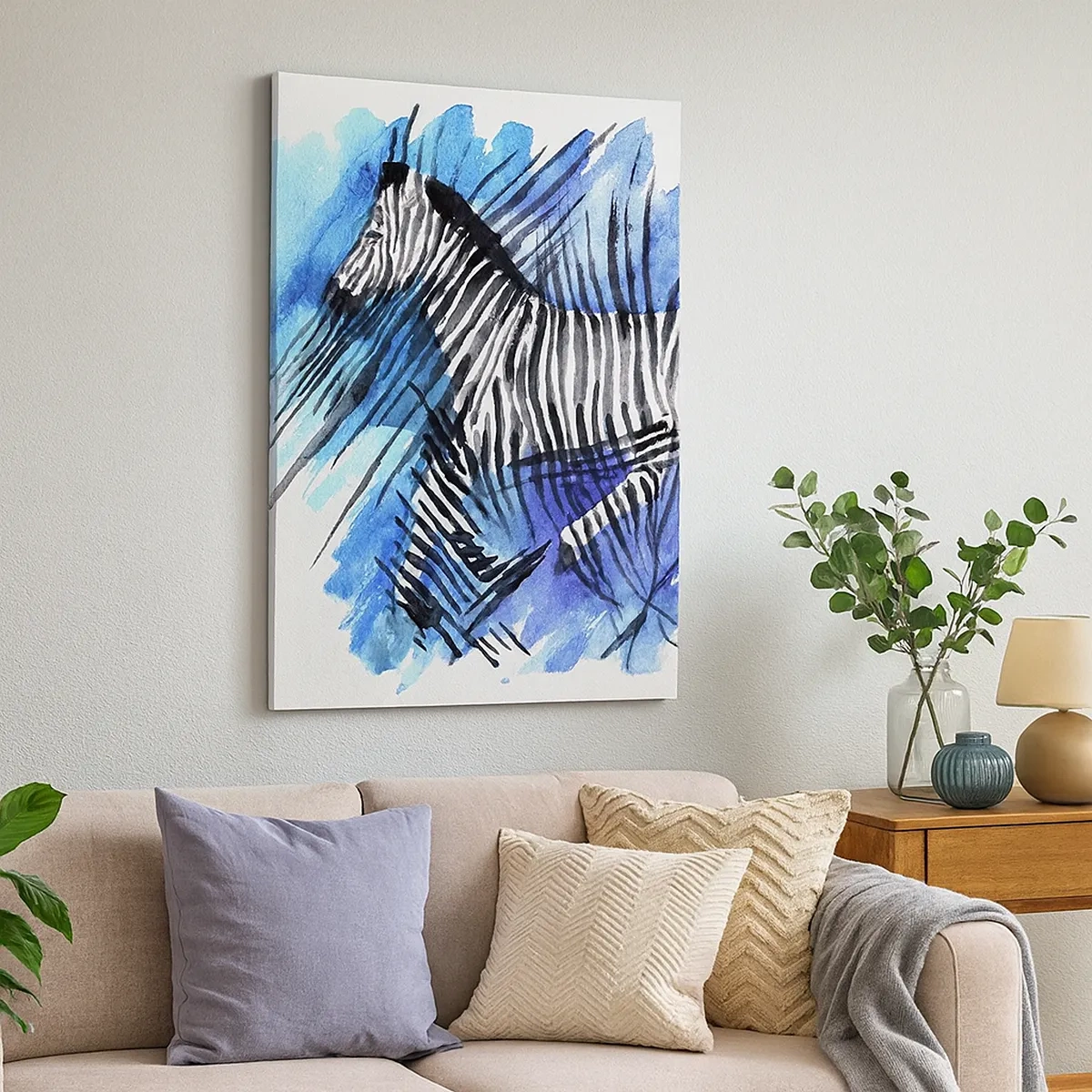 Bild auf Leinwand - Leinwandbild - Aquarell-Illustration eines Zebras vor blauem Himmel - 50x70cm - In Streifen versteckt - Moderne Wanddekoration für Wohnzimmer und Schlafzimmer ARTTOR