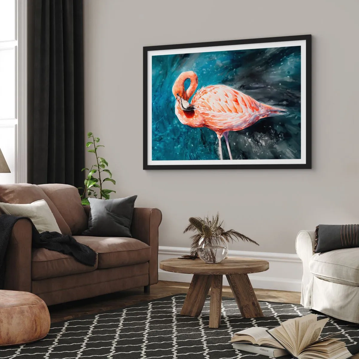 Poster in einem schwarzem Rahmen - Ein rosa Flamingo auf einem aquarellblauen Hintergrund - 100x70cm - Von Natur aus dekorativ - Moderne Wanddekoration für Wohnzimmer und Schlafzimmer ARTTOR