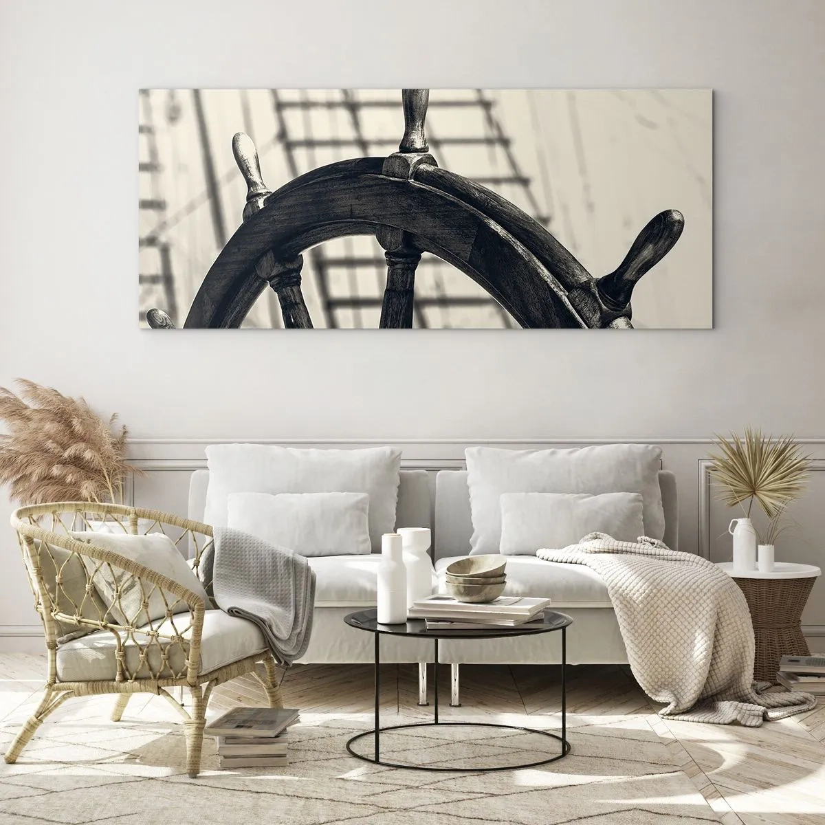 Glasbild - Bild auf glas - Ein Segelruder im Retro-Stil mit einem Schiff im Hintergrund - 160x50cm - Meeresgeschichten - Moderne Wanddekoration für Wohnzimmer und Schlafzimmer ARTTOR