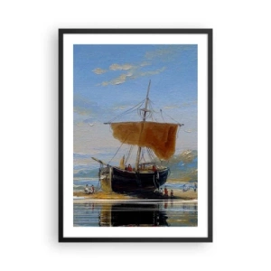 Poster in einem schwarzem Rahmen - Ein traditionelles Segelboot am Ufer mit seiner Spiegelung im Wasser - 50x70cm - Wasser, Land, Luft - Moderne Wanddekoration für Wohnzimmer und Schlafzimmer ARTTOR
