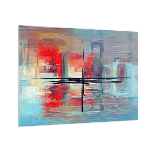 Glasbild - Bild auf glas - Eine farbenfrohe Abstraktion mit Rot und Blau, inspiriert von einer Landschaft. - 70x50cm - Landschaft in einer unbekannten Dimension - Moderne Wanddekoration für Wohnzimmer und Schlafzimmer ARTTOR