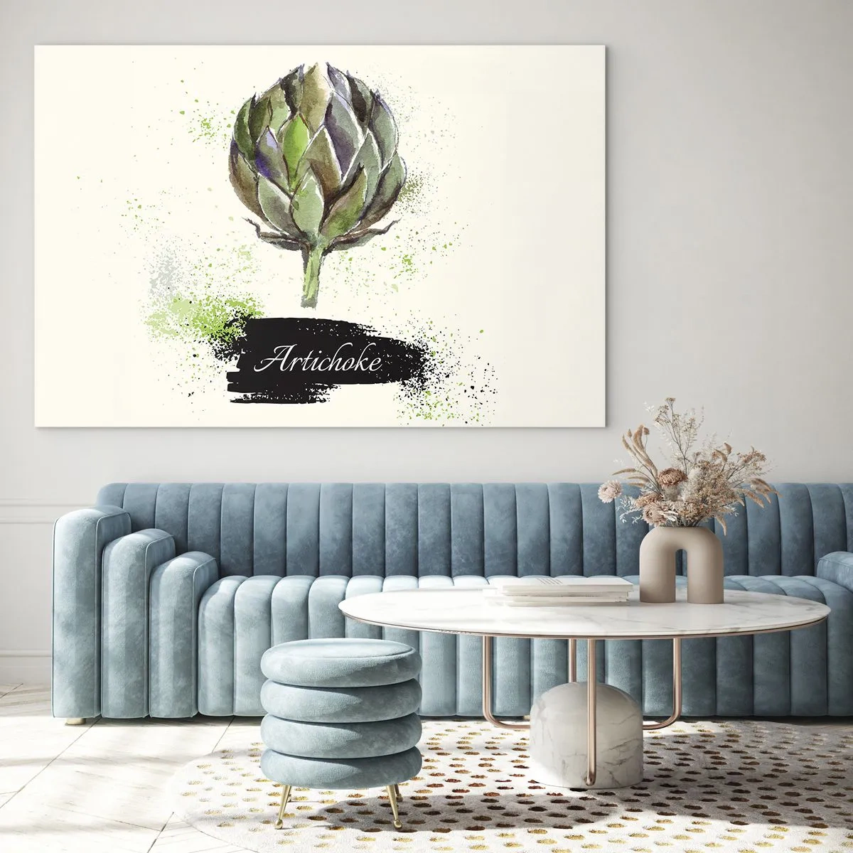 Glasbild - Bild auf glas - Aquarell-Artischockengrafik mit dem darauf geschriebenen Wort Artischocke - 70x50cm - Eviva-Gemüse! - Moderne Wanddekoration für Wohnzimmer und Schlafzimmer ARTTOR