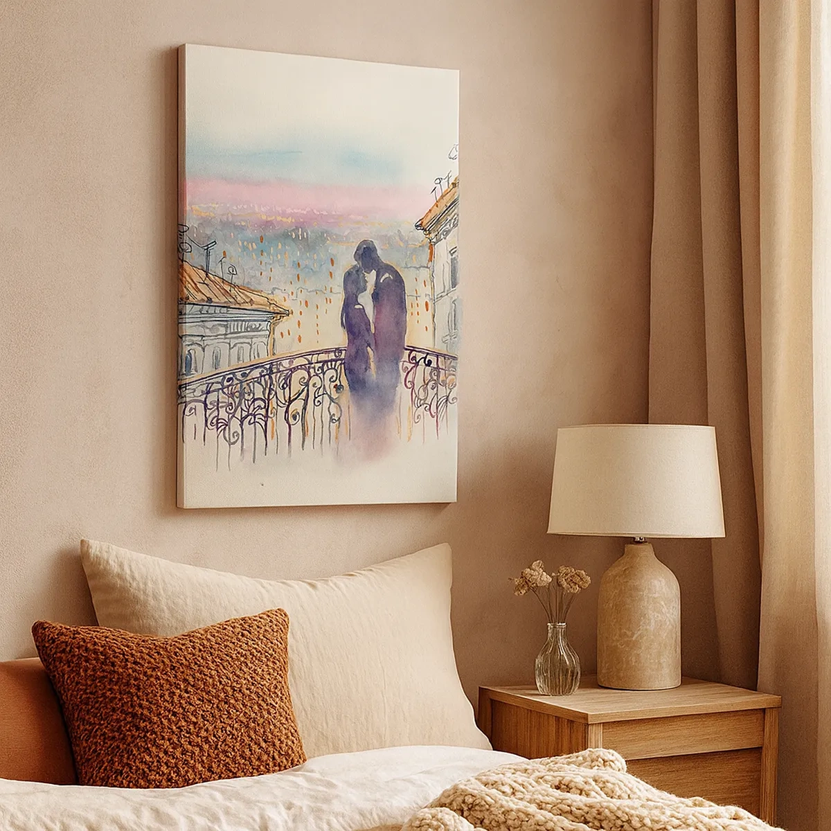 Bild auf Leinwand - Leinwandbild - Romantisches Paar auf einem Balkon mit Blick auf die Stadt - 50x70cm - Paris-Liebhaber - Moderne Wanddekoration für Wohnzimmer und Schlafzimmer ARTTOR