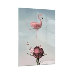 Glasbild - Bild auf glas - Ein rosa Flamingo steht auf einer dekorativen Kugel mit Blumen und Schmetterlingen. - 50x70cm - Basketball-Allegorie - Moderne Wanddekoration für Wohnzimmer und Schlafzimmer ARTTOR