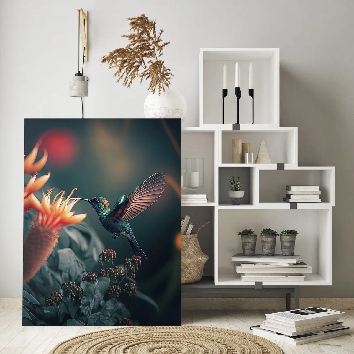 Glasbild - Bild auf glas - Ein bunter Kolibri neben Blumen vor einem natürlichen Hintergrund - 80x120cm - Wirklich buntes Leben - Moderne Wanddekoration für Wohnzimmer und Schlafzimmer ARTTOR