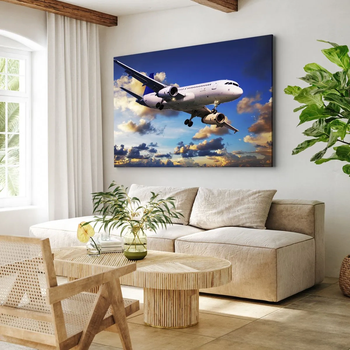 Bild auf Leinwand - Leinwandbild - Ein Passagierflugzeug vor den Wolken bei Sonnenuntergang - 120x80cm - Eine Reise in Weiß und Blau - Moderne Wanddekoration für Wohnzimmer und Schlafzimmer ARTTOR