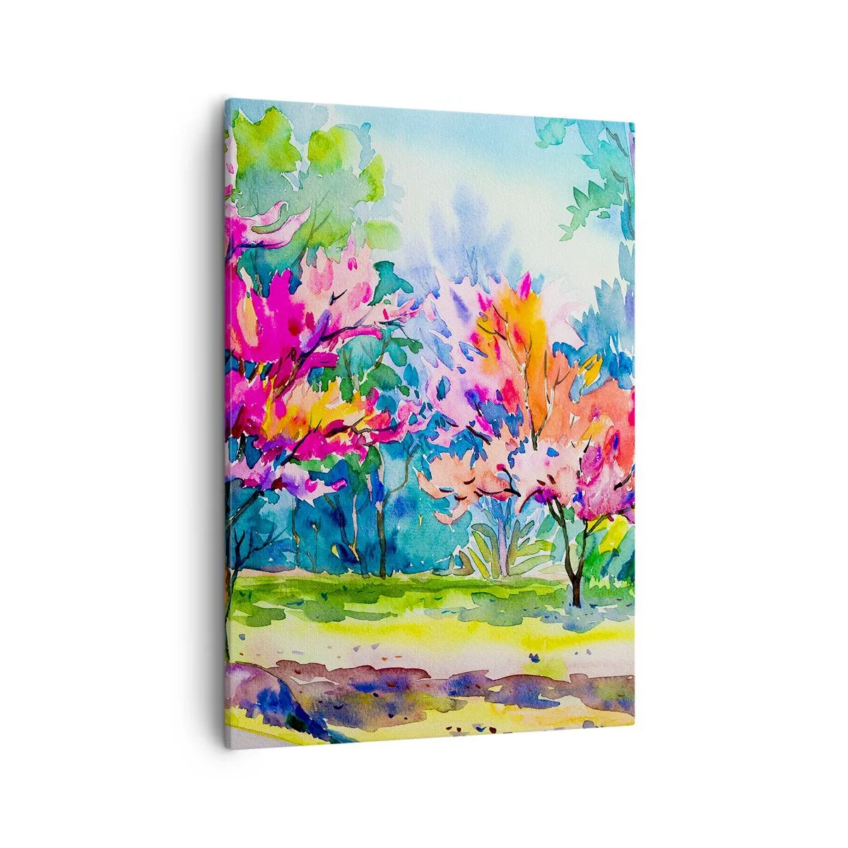 Bild auf Leinwand - Leinwandbild - Bunte Bäume in einem Park im Aquarellstil - 50x70cm - Regenbogengarten im Frühlingslicht - Moderne Wanddekoration für Wohnzimmer und Schlafzimmer ARTTOR